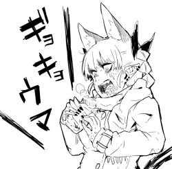Rule 34 | 1girl, alternate costume, animal ears, coat, ear piercing, extra ears, eyebrows hidden by hair, food, food in mouth, greyscale, holding, holding food, kaenbyou rin, monochrome, multiple tails, nail polish, nekomata, piercing, roasted sweet potato, sakurai energy, saliva, scarf, solo, sweet potato, tail, touhou, two tails, upper body, winter clothes