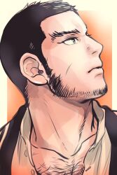 Rule 34 | 1boy, bara, beard, beard stubble, black hair, buzz cut, chest hair peek, collared shirt, expressionless, facial hair, gold 5610, golden kamuy, highres, long sideburns, looking to the side, looking up, male focus, mature male, pectoral cleavage, pectorals, portrait, profile, shirt, short hair, sideburns, solo, stubble, tanigaki genjirou, thick eyebrows, very short hair