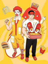 Rule 34 | 2boys, afro, badge, black hair, black pants, box, burger, button badge, chioneoc, clown, crocs, cup, facepaint, fast food, food, french fries, full body, hand in pocket, headset, highres, holding, holding box, jumpsuit, looking at viewer, male focus, mcdonald&#039;s, multiple boys, original, pants, pectoral cleavage, pectorals, red hair, red nose, ronald mcdonald, shirt, smile, socks, star (symbol), streamers, striped clothes, striped socks, visor cap, white shirt, yellow jumpsuit
