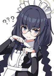Rule 34 | alternate costume, apron, black hair, blue archive, braid, glasses, grey eyes, highres, looking at viewer, low twin braids, low twintails, maid, maid apron, maid headdress, round eyewear, twin braids, twintails, ui (blue archive), xaiqi