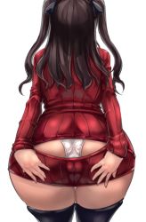 Rule 34 | 1girl, adapted costume, ass, ass cutout, black hair, cameltoe, clothing cutout, fate/stay night, fate (series), from behind, hands on ass, leaning forward, majime kei kuzumochi, meme attire, open-chest sweater, panties, pussy juice, simple background, solo, sweater, thighhighs, tohsaka rin, underwear, wardrobe error, white background, white panties
