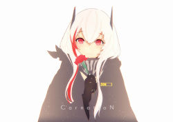 Rule 34 | 1girl, absurdres, black gloves, blush, coat, fang, fang out, flower, girls&#039; frontline, gloves, hair between eyes, headgear, highres, holding, holding flower, light particles, long hair, looking at viewer, m4 sopmod ii (girls&#039; frontline), multicolored hair, pink hair, red eyes, red hair, simple background, smile, solo, streaked hair, tareme, white background, yui (92935941)