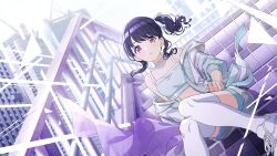 Rule 34 | 1girl, black hair, fukumaru koito, highres, idolmaster, idolmaster shiny colors, official art, red eyes, side ponytail, solo, stairs, thighhighs, tomari (veryberry00)