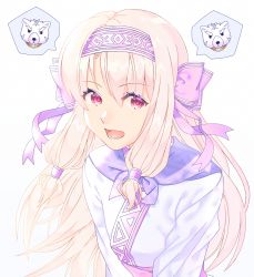 Rule 34 | 1girl, :d, ainu clothes, akapug621, bad id, bad pixiv id, bow, fate/grand order, fate (series), floating hair, hair between eyes, hair bow, hairband, illyasviel von einzbern, long hair, looking at viewer, open mouth, pink bow, print hairband, red eyes, silver hair, simple background, sitonai (fate), smile, solo, speech bubble, upper body, very long hair, white background