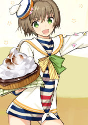 Rule 34 | 1girl, bad id, bad pixiv id, brown hair, cake, cowboy shot, food, green eyes, hat, looking at viewer, ninomoto, open mouth, original, personification, sailor collar, shirt, smile, solo, striped clothes, striped shirt, whipped cream
