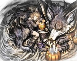 1boy 1girl animal animal_ears belt brown_hair candle candy chain claws fake_animal_ears food granblue_fantasy grey_wolf halloween_costume highres jack-o&#039;-lantern oversized_animal renie sleeping tsukihi_shida werewolf werewolf_costume wolf wolf_ears wolf_paws wulf