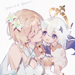 Rule 34 | !, 2girls, age difference, blonde hair, blush, breasts, bright pupils, child, cleavage, closed eyes, commentary request, dated, dress, floating, flower, food, fork, genshin impact, grey hair, hair between eyes, hair flower, hair ornament, halo, holding, holding fork, kiss, kissing cheek, long sleeves, lumine (genshin impact), mechanical halo, medium breasts, multiple girls, onee-loli, open mouth, paimon (genshin impact), puffy sleeves, rokuon, sidelocks, simple background, sleeveless, sleeveless dress, star (symbol), star hair ornament, twitter username, white background, white dress, white flower, white pupils, yuri