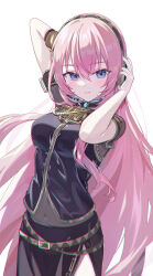 Rule 34 | 1girl, absurdres, blue eyes, highres, long hair, looking at viewer, megurine luka, pink hair, short sleeves, simple background, solo, standing, vocaloid, vs0mr