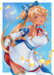 Rule 34 | 1girl, ;d, armpits, bare shoulders, blonde hair, blue bow, bow, bowtie, cleavage cutout, clothing cutout, collared shirt, dark-skinned female, dark skin, detached sleeves, elf, garter straps, gloves, gold trim, gun, hair bow, high ponytail, highres, holding, holding gun, holding weapon, hololive, kinoko (shikimylove), long hair, miniskirt, multicolored hair, one eye closed, open mouth, orange eyes, pointy ears, red bow, red bowtie, shiranui flare, shiranui flare (1st costume), shirt, sidelocks, skirt, skirt hold, skirt set, smile, streaked hair, thighhighs, thighs, virtual youtuber, weapon, white garter straps, white gloves, white skirt, white sleeves, white thighhighs, wing collar