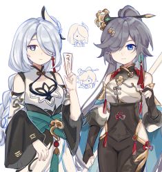 Rule 34 | 11281847, 2girls, amulet, bare shoulders, black gloves, black hair, blue eyes, braid, china dress, chinese clothes, closed mouth, company connection, cosplay, costume switch, crossover, dress, earrings, fu hua, fu hua (azure empyrea), fu hua (azure empyrea) (cosplay), genshin impact, gloves, grey hair, hair ornament, hair over one eye, highres, holding, holding polearm, holding weapon, honkai (series), honkai impact 3rd, jewelry, long hair, long sleeves, looking at viewer, low-braided long hair, low-tied long hair, mihoyo, multiple girls, partially fingerless gloves, polearm, shenhe (genshin impact), shenhe (genshin impact) (cosplay), simple background, single earring, sketch, smile, weapon, white background, white dress