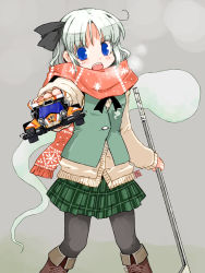 Rule 34 | 1girl, alternate costume, blue eyes, blush, boots, breath, colored eyelashes, cross-laced footwear, hair ribbon, highres, hockey stick, kanoe soushi, knee boots, konpaku youmu, konpaku youmu (ghost), lace-up boots, looking at viewer, miniskirt, open mouth, pantyhose, plaid, plaid skirt, pleated skirt, pointing, pointing at viewer, red scarf, ribbon, scarf, short hair, silver hair, skirt, solo, sweater vest, touhou, toy car, vest