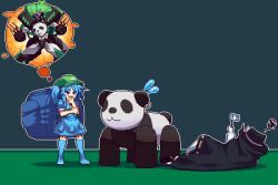 Rule 34 | 2girls, backpack, bag, blue eyes, blue footwear, blue hair, boots, cape, flag, hair bobbles, hair ornament, hat, imagining, kawashiro nitori, key, knee boots, mecha, migel futoshi, multiple girls, open mouth, panda, pixel art, robot, rubber boots, simple background, smile, touhou, twintails, two side up, urban legend in limbo, usami sumireko, white flag