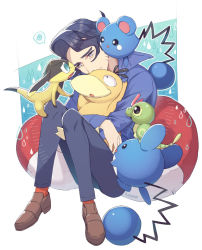 Rule 34 | 1boy, augustine sycamore, azurill, black hair, brown footwear, caterpie, commentary request, creatures (company), game freak, gen 1 pokemon, gen 2 pokemon, gen 3 pokemon, gen 6 pokemon, head down, helioptile, holding, holding pokemon, knees together feet apart, kusuribe, legs together, long sleeves, marill, nintendo, pants, pokemon, pokemon (creature), pokemon xy, psyduck, sad, shoes, speech bubble