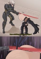 Rule 34 | 1boy, 1girl, 2b (nier:automata), 2koma, android, ass, battle, black footwear, boots, breasts, cleavage cutout, clothing cutout, comic, commentary, crossover, curvy, cyborg, english commentary, english text, eyepatch, handstand, heattech leotard, high heels, highleg, highleg leotard, highres, holding, holding sword, holding weapon, juliet sleeves, katana, konami, large breasts, leotard, long sleeves, metal gear (series), metal gear rising: revengeance, nier:automata, nier (series), puffy sleeves, raiden (metal gear), shadow, shiny skin, square enix, sword, thigh boots, thighhighs, thong leotard, turtleneck, weapon, what, white hair, white leotard, wide hips, yoracrab