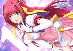 Rule 34 | 1girl, alice soft, artist request, beat angel escalayer, blue eyes, breasts, cleavage, commentary request, covered navel, dress, elbow gloves, escalation heroines, escalayer, gloves, hair ornament, kouenji sayuka, long hair, magical girl, official art, open mouth, pink dress, red hair, short dress, smile, solo, white gloves