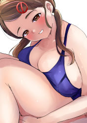 Rule 34 | :d, absurdres, blush, breast press, breasts, brown eyes, brown hair, cleavage, fetal position, hair ornament, half-closed eyes, head tilt, highres, large breasts, leg hold, long hair, open mouth, original, school swimsuit, sgwmanga, simple background, smile, strap gap, swept bangs, swimsuit, thick thighs, thighs, twintails, wet, white background