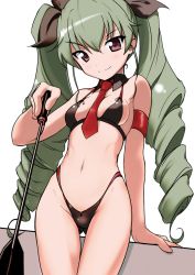 Rule 34 | 10s, 1girl, aegis (nerocc), anchovy (girls und panzer), armband, bikini, black bikini, blush, breasts, brown eyes, detached collar, drill hair, girls und panzer, green hair, hair ribbon, highleg, highleg bikini, highleg swimsuit, long hair, looking at viewer, micro bikini, necktie, ribbon, riding crop, simple background, small breasts, smile, solo, swimsuit, twin drills, twintails, white background