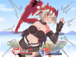 Rule 34 | 1boy, 1girl, against glass, angry, asymmetrical arms, bare shoulders, belt, black gloves, black skirt, black tube top, blue eyes, blurry, blurry background, breast press, breasts, brown hair, cape, cheek squash, cleavage, cougar (cougar1404), crossover, dragon: marked for death, elbow gloves, empress (dmfd), faceplant, facial hair, fingerless gloves, fourth wall, gloves, hair between eyes, hands up, hat, headpiece, large breasts, legs, looking at viewer, mario, mario (series), midriff, miniskirt, multicolored hair, mustache, navel, neck, nintendo, one eye closed, parted lips, purple cape, red eyes, red headwear, shiny skin, short hair, silver hair, single glove, skirt, strapless, super mario bros. 1, super smash bros., sweat, tears, thighhighs, tube top