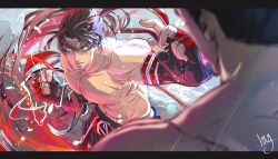 Rule 34 | 2boys, abs, absurdres, battle, black gloves, black hair, electricity, facial mark, father and son, fingerless gloves, forehead jewel, forehead mark, gloves, highres, incoming attack, incoming punch, kazama jin, lag (wo76 a), letterboxed, male focus, mishima kazuya, multiple boys, muscular, muscular male, namco, punching, rain, signature, spiked hair, tekken, tekken 8, topless male, yellow eyes