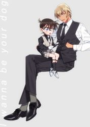 Rule 34 | 2boys, amuro tooru, black-framed eyewear, black gloves, black legwear, black neckwear, black shirt, black vest, blonde hair, blue eyes, blush, brown hair, buttons, child, collared shirt, commentary request, crossed legs, earrings, edogawa conan, english text, eye contact, glasses, glove pull, gloves, grey background, grey legwear, grey shorts, grey vest, hair between eyes, highres, invisible chair, jewelry, k (gear labo), long sleeves, looking at another, male focus, meitantei conan, multiple boys, necktie, open mouth, removing glove, shin strap, shirt, shoes, short hair, shorts, simple background, sitting, smile, socks, vest, white footwear, white gloves, white neckwear, white shirt