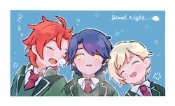 Rule 34 | 3boys, :d, ^ ^, avocado academy school uniform, blonde hair, blue background, blue hair, closed eyes, collared shirt, commentary request, drooling, green jacket, highres, idol time pripara, jacket, looking at another, male focus, mitaka asahi, multiple boys, necktie, nose bubble, open mouth, outline, poro (pweedro), pretty series, pripara, red hair, red necktie, school uniform, shirt, short hair, sleeping, smile, takase koyoi, upper body, white outline, white shirt, yellow eyes, yumekawa shogo, zzz