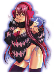 Rule 34 | absurdres, between breasts, breasts, dog, highres, holy knight, huge filesize, kishimoto lilith, lipstick, long hair, makeup, miyazaki maya, panties, plum (holy knight), red eyes, red hair, saliva, side-tie panties, smile, solo, sweater, tattoo, thighhighs, tongue, underwear, very long hair