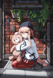 Rule 34 | 1girl, absurdres, air conditioner, beanie, black footwear, black hat, boots, brick wall, brown hair, di le to, from side, full body, girls&#039; frontline, glasses, gutter, hair ornament, hairclip, hat, highres, hugging object, jacket, knee boots, long hair, long sleeves, looking at viewer, looking to the side, open mouth, outdoors, pants, plant, potted plant, red eyes, red pants, round eyewear, seiza, sitting, solo, stone floor, stuffed animal, stuffed toy, teddy bear, type 80 (girls&#039; frontline), very long hair, white jacket, yoga pants