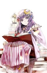 Rule 34 | 1girl, book, crescent, dress, female focus, fire, hat, hino mamori, jewelry, lantern, open book, outstretched arm, outstretched hand, patchouli knowledge, purple eyes, purple hair, ring, sitting, solo, touhou