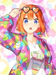 Rule 34 | 1girl, blue eyes, breasts, candy, eyewear on head, food, glasses, go-toubun no hanayome, highres, jacket, jelly bean, large breasts, low twintails, nakano yotsuba, open mouth, orange hair, short twintails, solo, twintails, upper body, wai (y48754085)