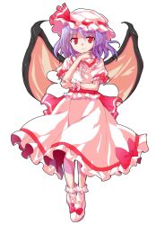 Rule 34 | 1girl, alphes (style), bat wings, closed mouth, commentary request, dairi, dress, frilled dress, frills, full body, hand on own chin, hand on own elbow, hat, medium hair, mob cap, parody, pink dress, pink footwear, puffy short sleeves, puffy sleeves, purple hair, red eyes, remilia scarlet, revision, ribbon-trimmed sleeves, ribbon trim, short sleeves, smile, solo, style parody, tachi-e, touhou, transparent background, wings, wrist cuffs