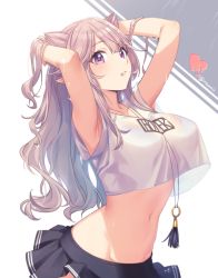 Rule 34 | 1girl, animal ears, arched back, armpits, arms up, blue bra, blue skirt, bra, cat ears, commentary request, cowboy shot, crop top, groin, lips, long hair, looking at viewer, mari-chan (tomari (veryberry00)), midriff, miniskirt, navel, original, parted lips, pointy ears, purple eyes, see-through, shirt, short sleeves, silver hair, simple background, skirt, solo, stretching, tomari (veryberry00), twitter username, underwear, wavy hair, white shirt