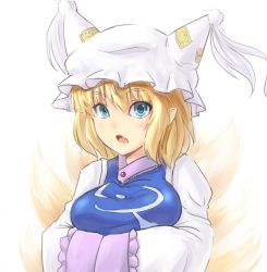 Rule 34 | 1girl, blonde hair, blue eyes, breast rest, breasts, fang, female focus, fox tail, hands in opposite sleeves, hat, hat with ears, koissa, large breasts, looking at viewer, multiple tails, open mouth, pointy ears, short hair, simple background, solo, tail, tassel, touhou, upper body, white background, yakumo ran