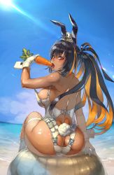 Rule 34 | 1girl, animal ears, ass, beach, black hair, blue sky, blush, breasts, butt crack, carrot, dark-skinned female, dark skin, day, fake animal ears, fishnet thighhighs, fishnets, from behind, gloves, hat, highres, large breasts, long hair, looking at viewer, looking back, mini hat, mini top hat, multicolored hair, nishii (damnedrive), open mouth, orange hair, original, outdoors, ponytail, rabbit ears, red eyes, revealing clothes, sexually suggestive, shiny skin, sitting, sky, solo, sunlight, thighhighs, tongue, tongue out, top hat, two-tone hair, white gloves, wrist cuffs