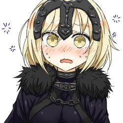Rule 34 | 1girl, blonde hair, blush, embarrassed, fate/grand order, fate (series), fur, headpiece, jeanne d&#039;arc (fate), jeanne d&#039;arc alter (avenger) (fate), jeanne d&#039;arc alter (fate), kaname game etc, long hair, looking at viewer, nose blush, open mouth, solo, sparkle, sweat, upper body, wavy mouth, yellow eyes