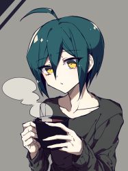 Rule 34 | 1boy, :o, ahoge, black hair, black sweater, brown eyes, collarbone, commentary request, cup, danganronpa (series), danganronpa v3: killing harmony, goto (sep), grey background, hair between eyes, highres, holding, holding cup, long sleeves, male focus, mug, pale skin, saihara shuichi, short hair, simple background, solo, steam, sweater, upper body, yellow eyes