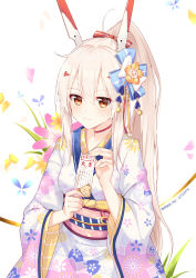Rule 34 | 1girl, ayanami (azur lane), azur lane, blue bow, bow, breasts, brown eyes, chinese zodiac, closed mouth, floral print, flower, furisode, ge zhong kuaile, hair between eyes, hair bow, happy new year, headgear, high ponytail, highres, holding, japanese clothes, kimono, long hair, long sleeves, nengajou, new year, obi, omikuji, pink flower, pixiv id, ponytail, print kimono, red bow, sash, sidelocks, small breasts, smile, solo, striped, striped bow, very long hair, white background, white kimono, wide sleeves, year of the pig, yellow flower