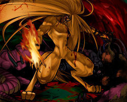 Rule 34 | 1990s (style), blood, claws, dark, demon, fangs, fire, guro, horns, long hair, monster, muscular, tail, tongue, tora (ushio to tora), ushio to tora, very long hair
