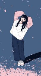 Rule 34 | 1girl, arms up, baggy pants, black eyes, black hair, blue background, commentary, full body, hands on own head, highres, leaning to the side, long sleeves, looking at viewer, mitarashi santa, open mouth, original, pants, petals, shirt, shoes, sleeves past wrists, smile, sneakers, solo, symbol-only commentary
