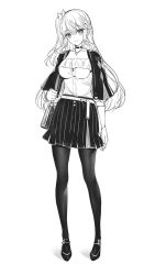 Rule 34 | 1girl, bag, belt, braid, breasts, capelet, choker, collarbone, emily stock, full body, greyscale, hair between eyes, hair ribbon, head tilt, highres, jewelry, long hair, medium breasts, monochrome, necklace, one side up, original, pantyhose, parted lips, pleated skirt, puffy short sleeves, puffy sleeves, ribbon, ririko (zhuoyandesailaer), shirt, short sleeves, shoulder bag, simple background, skirt, smile, solo, standing, very long hair, white background