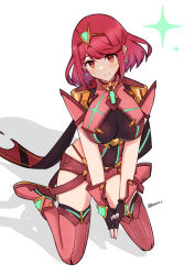 Rule 34 | 1girl, absurdres, black gloves, blush, breasts, chest jewel, closed mouth, commentary, earrings, fingerless gloves, full body, gem, gloves, headpiece, highres, jewelry, kneeling, large breasts, looking at viewer, own hands together, pyra (xenoblade), reason3 s, red eyes, red hair, red shorts, red thighhighs, short hair, short shorts, shorts, smile, solo, swept bangs, symbol-only commentary, thighhighs, tiara, xenoblade chronicles (series), xenoblade chronicles 2