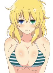Rule 34 | 10s, 1girl, :3, bare shoulders, bikini, blonde hair, blue eyes, blush, breast press, breasts, cleavage, closed mouth, collarbone, covered erect nipples, green eyes, halterneck, heterochromia, ichiryuu tsumiki, jitome, large breasts, looking at viewer, ryouna (senran kagura), senran kagura, senran kagura shinovi versus, shiny skin, solo, striped bikini, striped clothes, swimsuit, underboob, upper body, white background