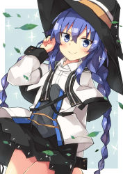 Rule 34 | 1girl, beritabo, black hat, black skirt, blue background, blue eyes, blue hair, blush, braid, capelet, closed mouth, commentary request, grey shirt, hair between eyes, hand up, hat, highres, jacket, long sleeves, looking at viewer, mushoku tensei, roxy migurdia, shirt, skirt, smile, solo, sparkle, twin braids, two-tone background, white background, white capelet, white jacket, witch hat