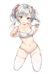 Rule 34 | 1girl, absurdres, bow, commentary request, grey hair, henzer, highres, holding, holding staff, navel, original, panties, red bow, red eyes, short hair, staff, thighhighs, underwear, white background, white thighhighs