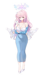Rule 34 | 1girl, absurdres, alternate costume, angel wings, armpit crease, ash (cat7evy), bag, bare shoulders, blue archive, blue dress, blue jacket, breasts, cellphone, cleavage, closed mouth, commentary, covered navel, dress, earrings, full body, gradient hair, hair bun, hair ribbon, halo, handbag, heart, highres, holding, holding phone, jacket, jewelry, large breasts, long hair, looking at viewer, low wings, mika (blue archive), multicolored hair, phone, pink hair, pink halo, ribbon, signature, simple background, single side bun, smartphone, smile, solo, toe cleavage, white background, white bag, white footwear, white ribbon, white wings, wings, yellow eyes