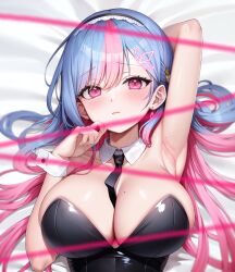Rule 34 | 1girl, absurdres, arm behind head, arm up, armpits, bare shoulders, bed sheet, between breasts, bing hayu, black leotard, blue hair, blurry, blurry foreground, breasts, cleavage, closed mouth, collarbone, dakimakura (medium), detached collar, earrings, frown, hair spread out, hairband, hand up, highres, jewelry, large breasts, leotard, lethe (lethe187), long hair, looking at viewer, luvdia, lying, mole, mole on armpit, mole on breast, mole under eye, multicolored hair, necktie, necktie between breasts, nontraditional playboy bunny, on back, pink eyes, pink hair, second-party source, short necktie, skindentation, solo, strapless, strapless leotard, string, two-tone hair, upper body, virtual youtuber, wrist cuffs