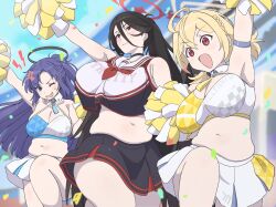 Rule 34 | 3girls, ?, ahoge, anger vein, arm up, black choker, black hair, blonde hair, blue archive, blue hair, blurry, blurry background, blush, braid, breasts, cheerleader, choker, cleavage, closed mouth, commentary request, cowboy shot, dot nose, hair between eyes, halo, hasumi (blue archive), highres, holding, holding pom poms, karaage53ko, kotori (blue archive), kotori (cheer squad) (blue archive), large breasts, millennium cheerleader outfit (blue archive), muffin top, multiple girls, navel, one eye closed, open mouth, plump, pom pom (cheerleading), pom poms, red eyes, red halo, sailor collar, short twintails, skirt, split mouth, sweatdrop, thick thighs, thighs, triangle halo, twintails, white skirt, wing collar, yellow halo, yuuka (blue archive)