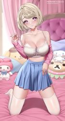 Rule 34 | 1girl, bare shoulders, bed, blonde hair, blue skirt, blush, breasts, cleavage, closed mouth, collarbone, commentary, english commentary, full body, highres, indoors, jewelry, kneeling, large breasts, long sleeves, looking at viewer, necklace, original, pantheon eve, patreon username, pink eyes, shirt, short hair, skirt, smile, solo, stuffed animal, stuffed toy, thighhighs, thighs, white shirt, white thighhighs