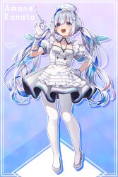 Rule 34 | 1girl, :d, akabino, amane kanata, amane kanata (nurse), angel wings, apron, bandaged arm, bandages, blue hair, blue wings, character name, colored inner hair, commentary request, detached collar, dress, feathered wings, flat chest, frilled apron, frills, full body, gloves, gradient wings, grey dress, grey footwear, grey hair, hair ornament, hairclip, hand on own hip, hat, high heels, highres, holding, holding syringe, hololive, id card, lanyard, looking at viewer, mini wings, multicolored hair, multicolored wings, nurse, nurse cap, official alternate costume, official alternate hair length, official alternate hairstyle, open mouth, pantyhose, pink hair, puffy short sleeves, puffy sleeves, pumps, purple eyes, shaded face, short sleeves, single hair intake, smile, solo, streaked hair, syringe, twintails, virtual youtuber, wavy hair, white apron, white gloves, white pantyhose, white wings, wing collar, wings, x hair ornament