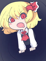 Rule 34 | 1girl, ascot, black vest, blonde hair, blush stickers, chahan (fried rice0614), collared shirt, drooling, fang, hair between eyes, hair ribbon, highres, long sleeves, mouth drool, one-hour drawing challenge, open mouth, red ascot, red eyes, red ribbon, ribbon, rumia, shirt, short hair, solo, touhou, vest, white shirt