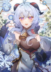 Rule 34 | 1girl, absurdres, ahoge, allenerie, bare shoulders, bell, black gloves, blue hair, blush, bow, bowtie, breasts, commentary, detached sleeves, flower, ganyu (genshin impact), genshin impact, gloves, gold trim, highres, horns, long hair, looking at viewer, medium breasts, multicolored eyes, neck bell, petals, sidelocks, smile, snowflakes, solo, upper body, white sleeves